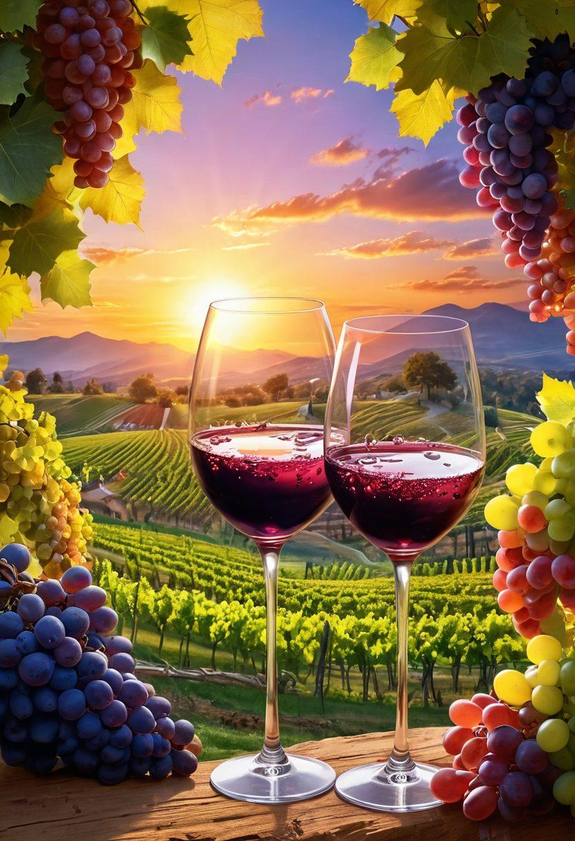 A vibrant vineyard landscape at sunset, showcasing lush grapevines bursting with ripe grapes. Overlaid with cheerful, swirling wine glasses filled with different colored wines, radiating colorful sparkles that symbolize elation. A backdrop of happy people clinking glasses and celebrating joyfully amidst the vines. The scene exudes warmth and festivity, inviting feelings of happiness and cheer. super-realistic. vibrant colors. 3D.
