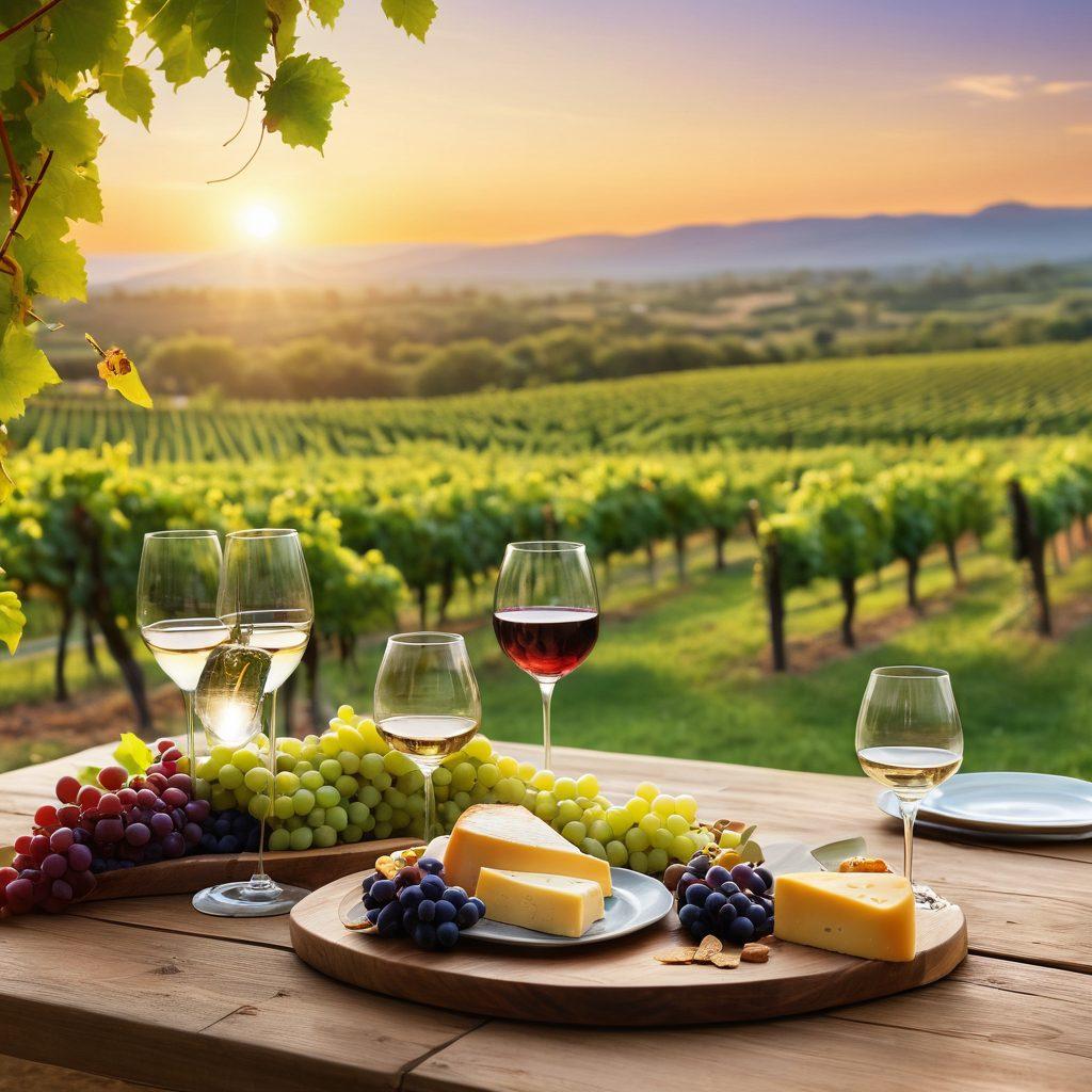 A serene vineyard landscape at sunset, with lush grapevines stretching into the distance. A beautifully set wooden table adorned with wine glasses, cheese platters, and a bottle of wine partially filled, capturing the essence of wine tasting. Soft light illuminating the scene creates a warm and inviting atmosphere. Bubbles rising in a glass of sparkling wine add a touch of celebration. dream-like style. vibrant colors. 3D.