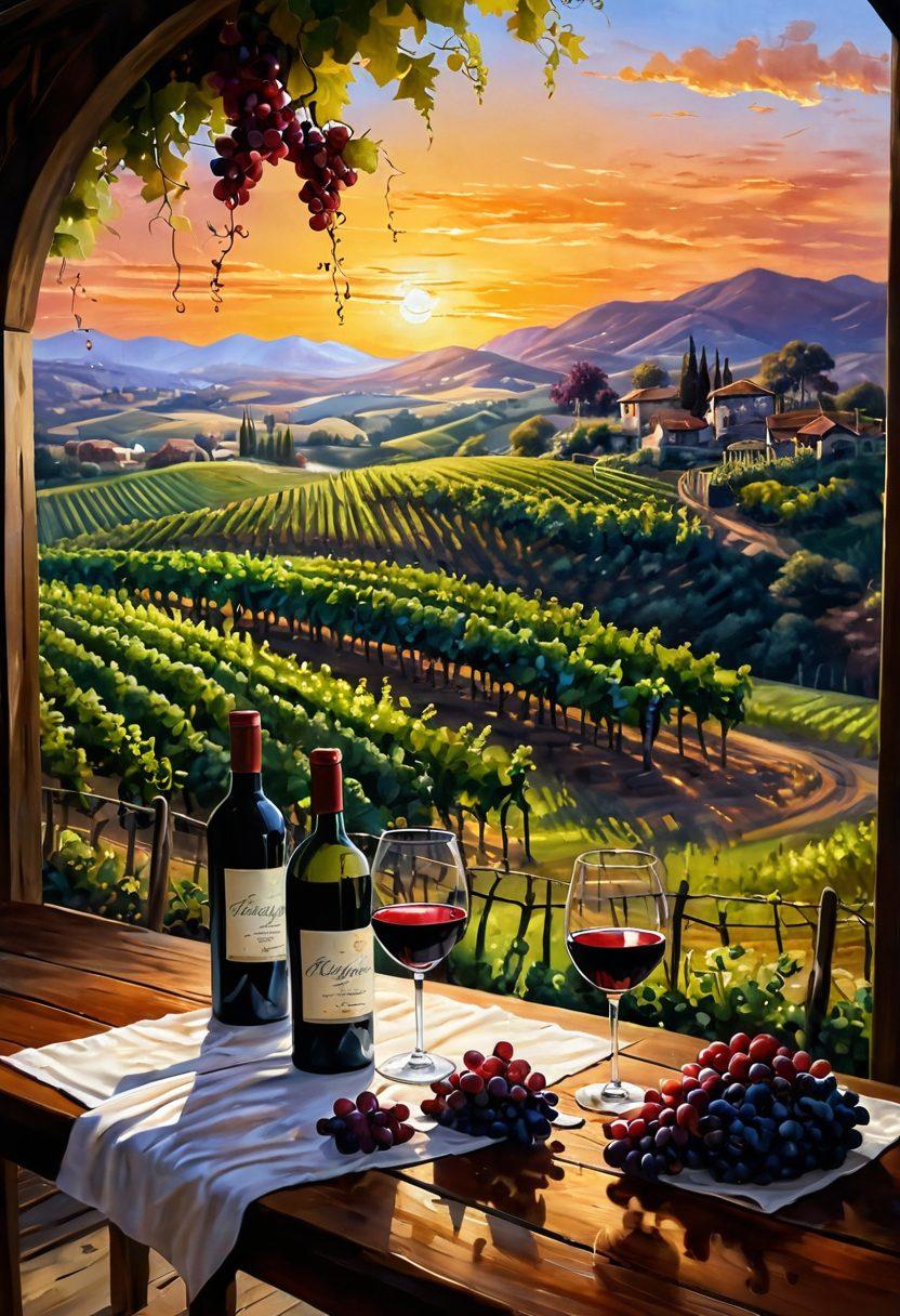 An elegant vineyard landscape at sunset, with lush grapevines rolling over gentle hills, a quaint winery in the background, and wine glasses filled with deep red wine glistening on a rustic wooden table. Include a sommelier elegantly pouring wine, with soft light illuminating the scene and a dreamy atmosphere. painting. rich colors. warm tones.